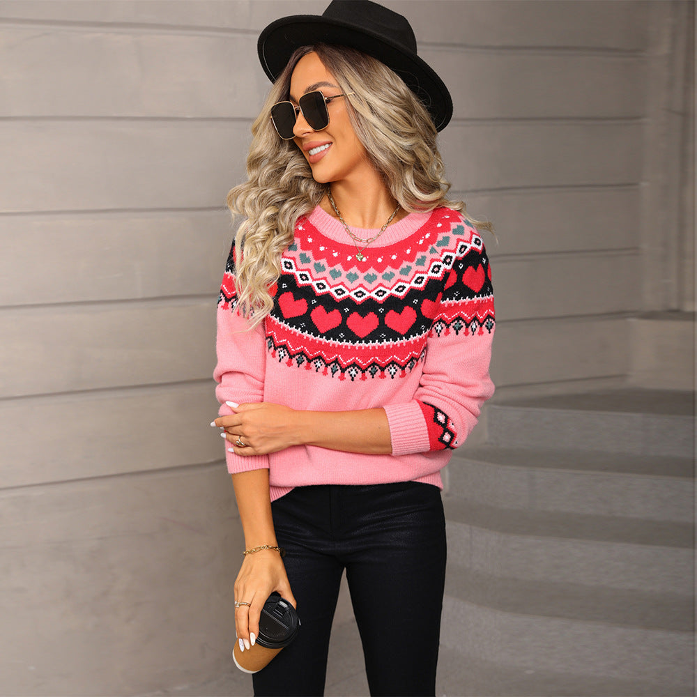 Heart Sweater Pullover Plus Size Christmas Casual Jacquard Sweater