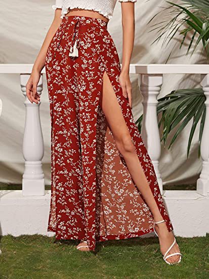 Trendy Leopard Print Casual Tassel Lace-up Waist Leopard Print Wide-leg Pants