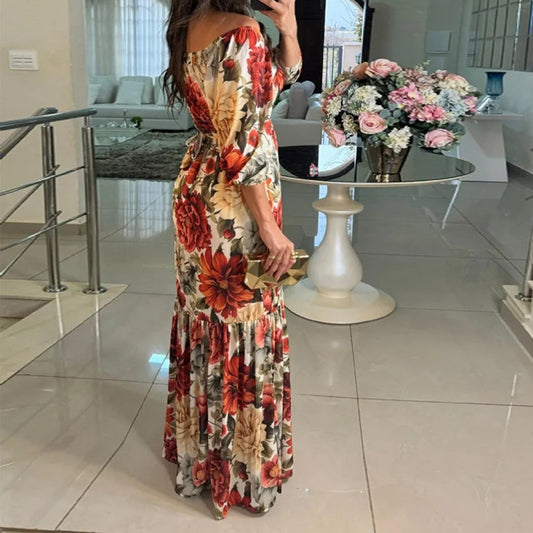 Elegant And Fashionable Womens Printed 34-sleeve V-neck Dress
