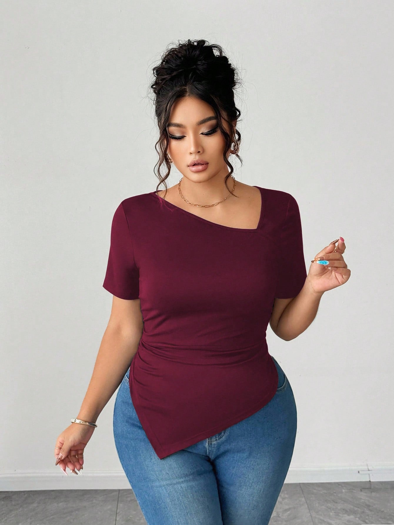 New V-neck Fashionable Loose-fit Slimming Solid-color Short-sleeve T-shirt