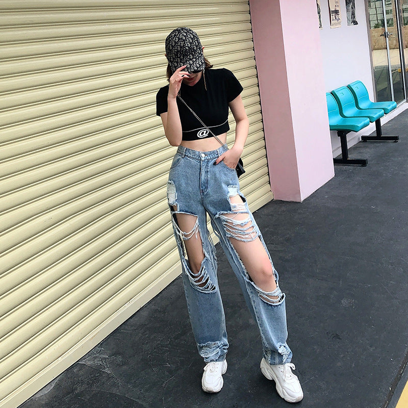 Ripped exposed leg casual wide-leg jeans