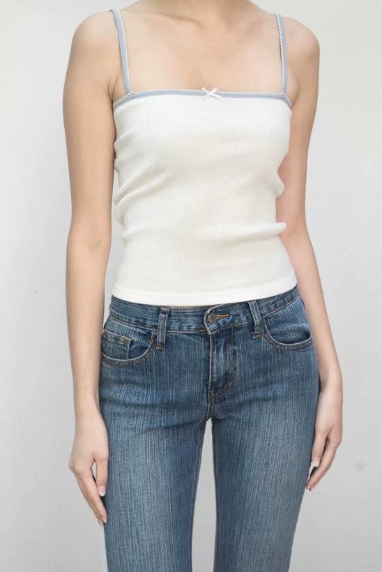 Lace Bow Square Neck Strap Tank Top