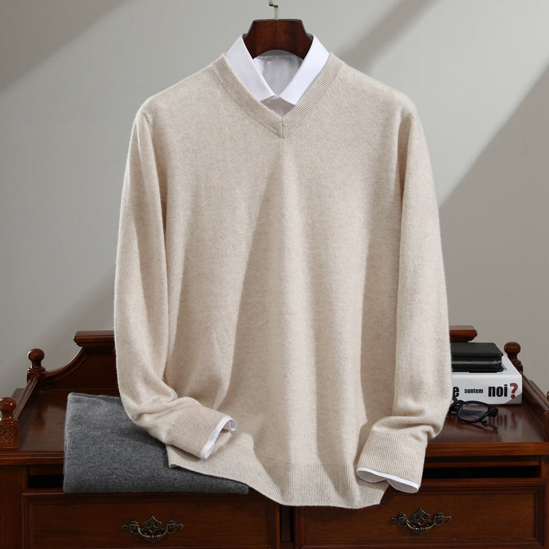 Langærmet strikket basis-sweater i ren cashmere til mænd