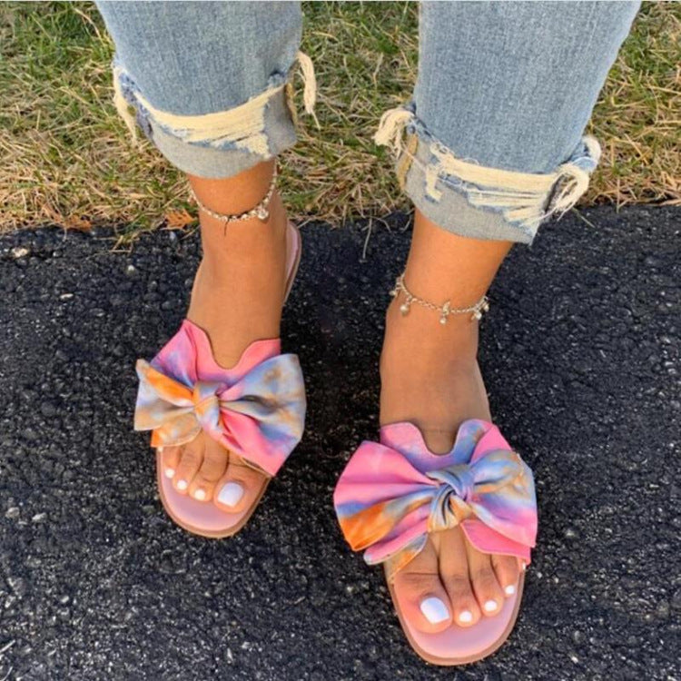 Flat printed bow sandals slippers