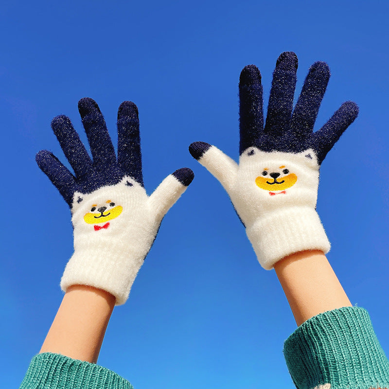 Autumn And Winter Contrast Color Cute Plus Velvet Knitted Gloves Women