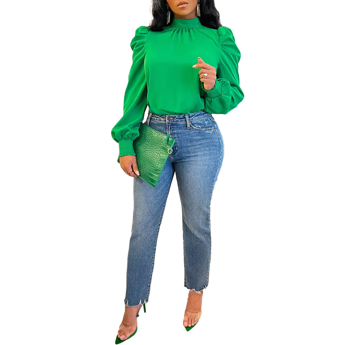 Stand Collar Puff Sleeve Back Lace-up Top