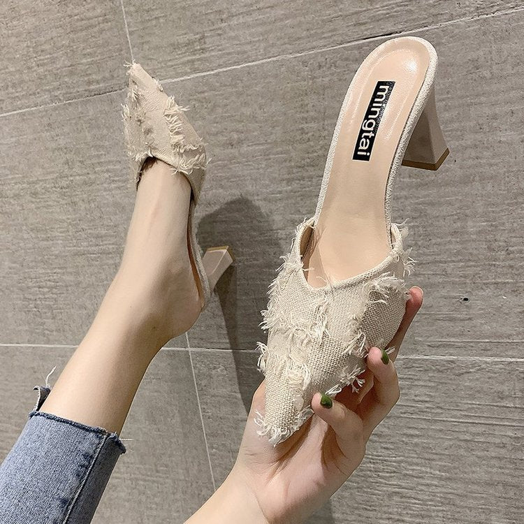 Women's Pointed Toe Baotou Mid-heel Sandals And Slippers