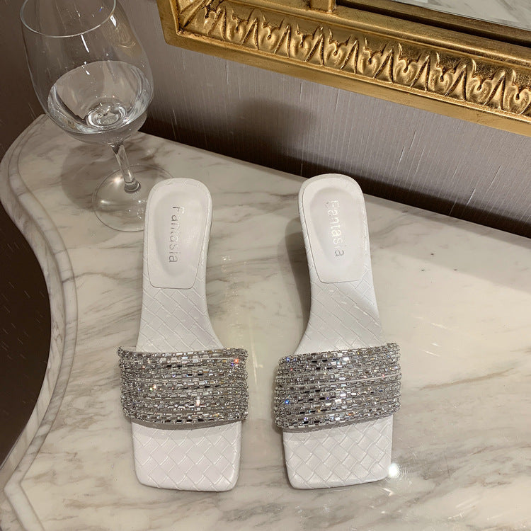 Korean Style Flip Flops Rhinestone Slippers Woven Pattern Toe Stiletto