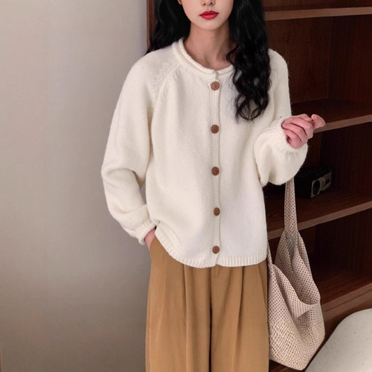 Autumn And Winter Simplicity Pure Color All-matching Vintage Knitted Cardigan