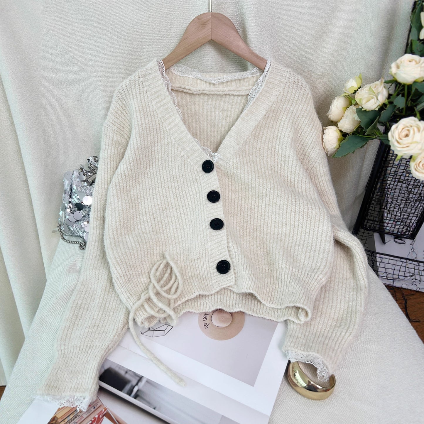Stitching Lace Fashion Casual Knitted Cardigan V-neck Women's Sweater