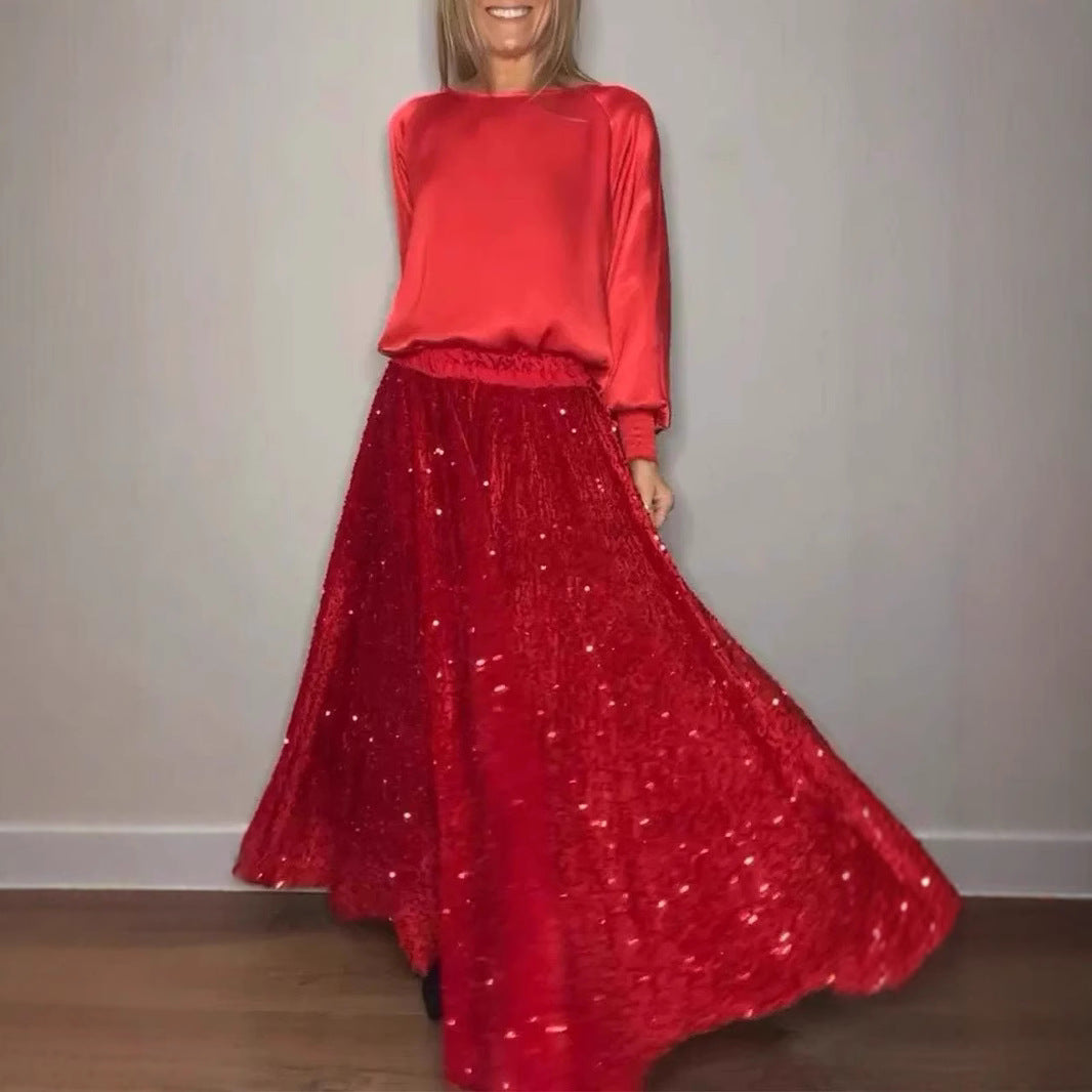 Round Neck Satin Top Sequin Dress Suit Two-piece Set