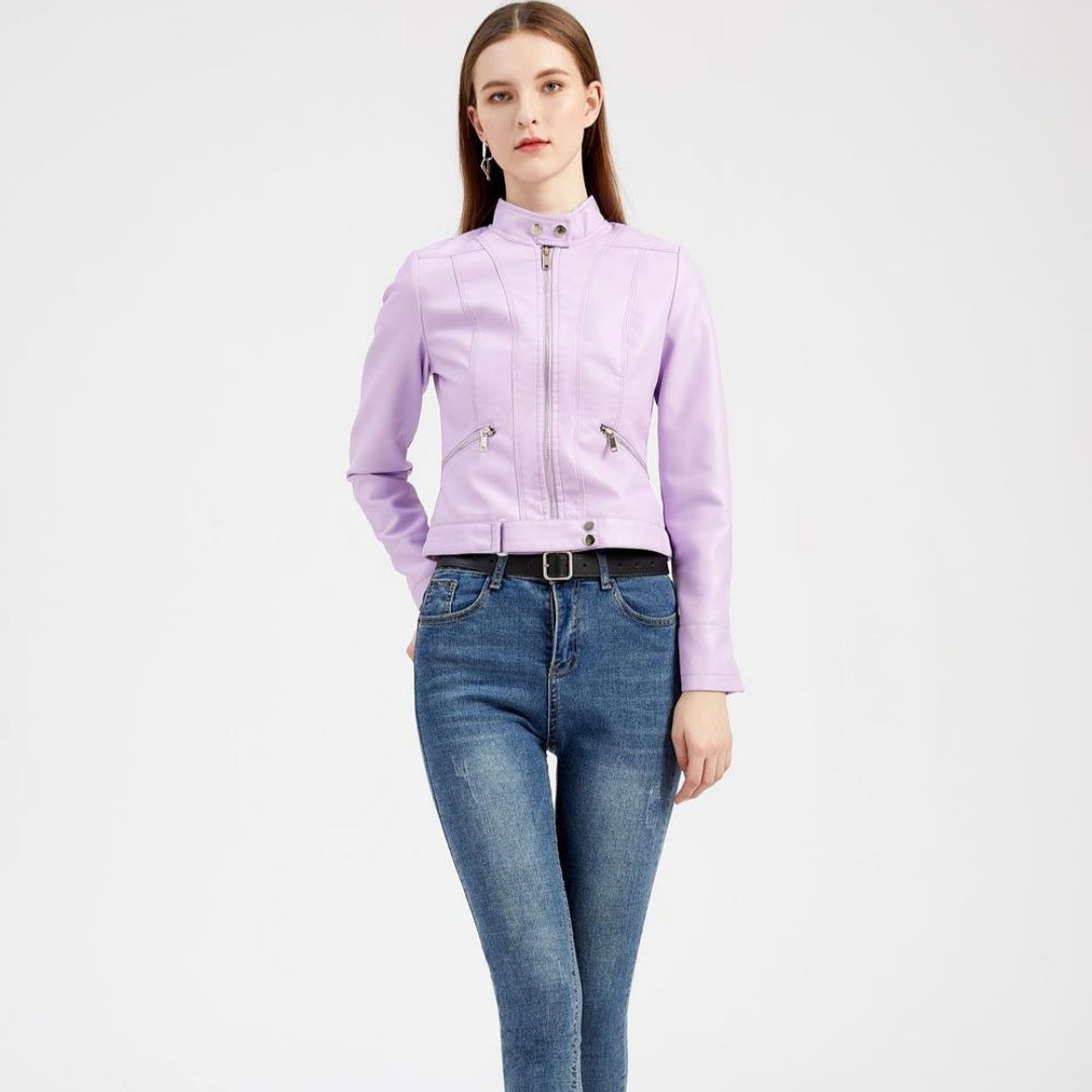 Veste courte en cuir pour femme avec col montant, fine