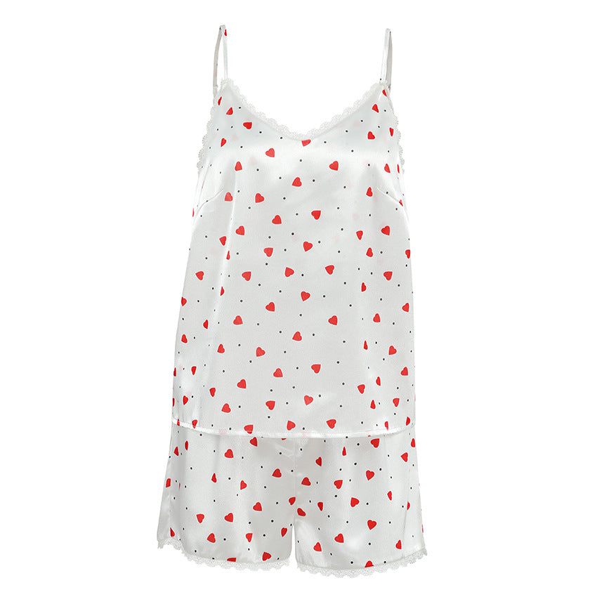 Cool-feel Pajamas With Heart-printed Lace Straps