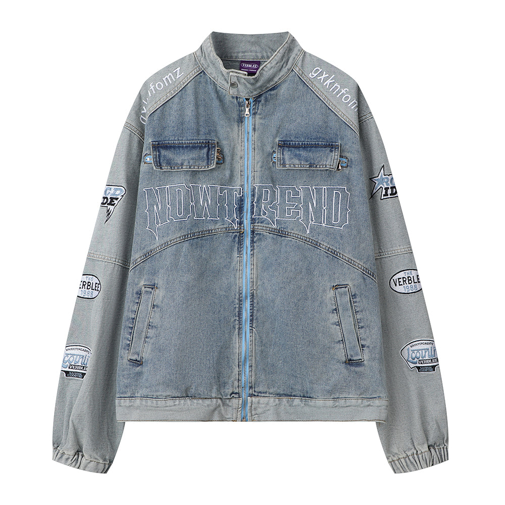 Men's Stitching Embroidered Letters Washed And Worn Zipper Denim Coat Fashion