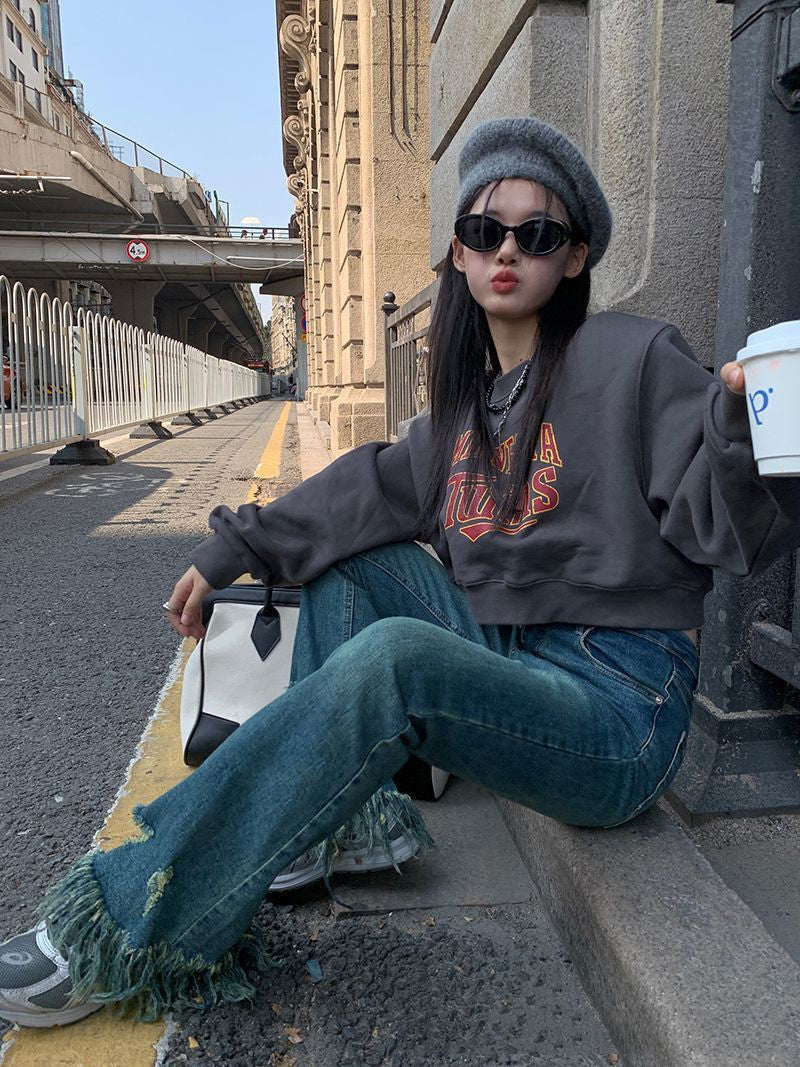 Waist-tied Short Sweater Women's Long-sleeved T-shirt Top