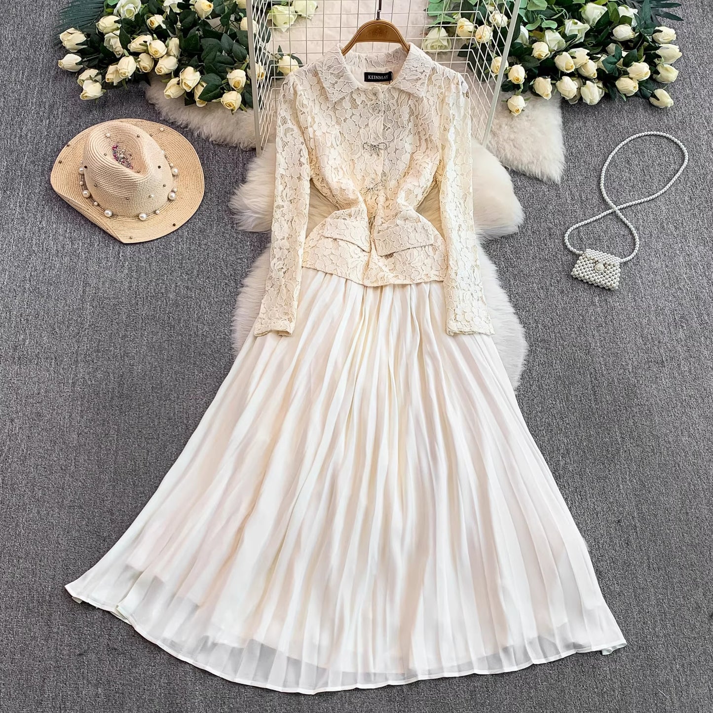 French Chic Lace-Patchwork Notch-Neckline Formal Dress