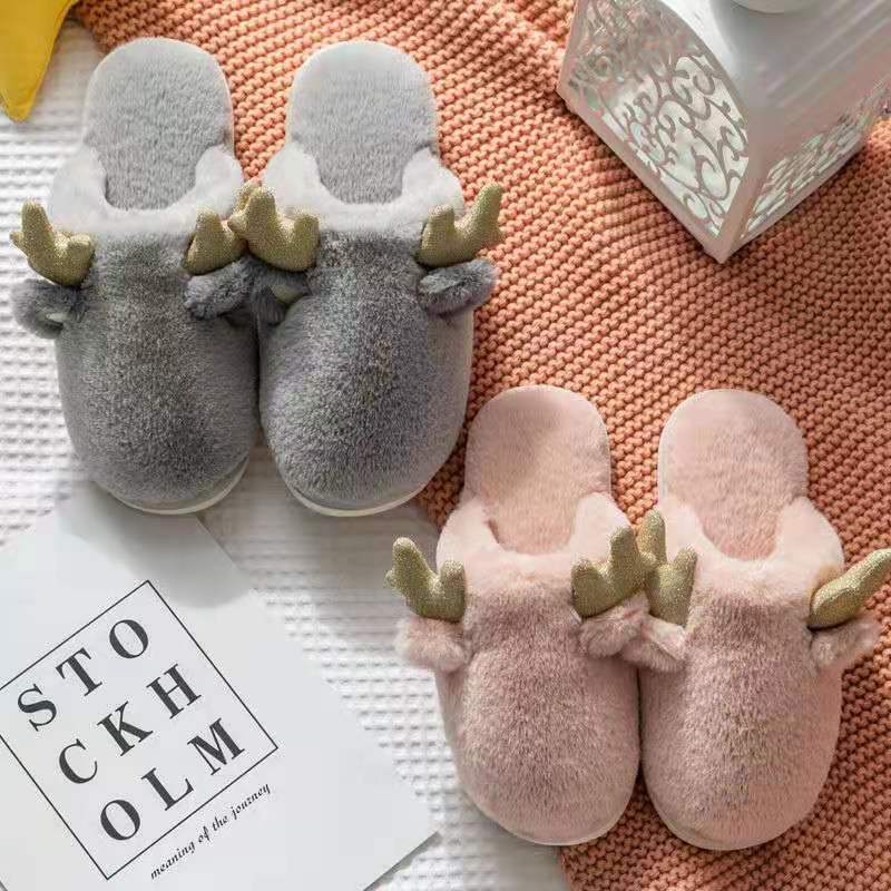 Women's Small Antler-shaped Rabbit Plush Slippers