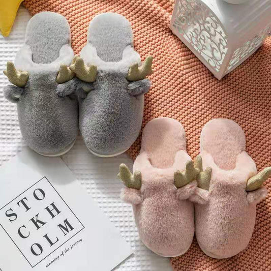 Women's Small Antler-shaped Rabbit Plush Slippers