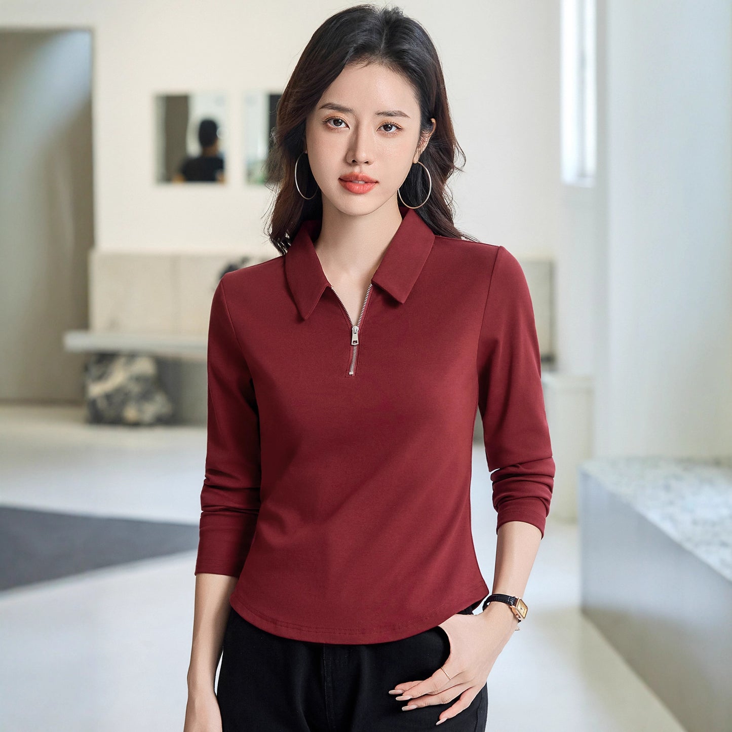 Womens Fashion Minimalist Slim-Fit Half-Zip T-Shirt