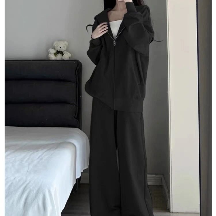Autumn And Winter Loose Lazy Style Hooded Jacket Student Korean Version Wide-leg Pants Casual Two-piece Set