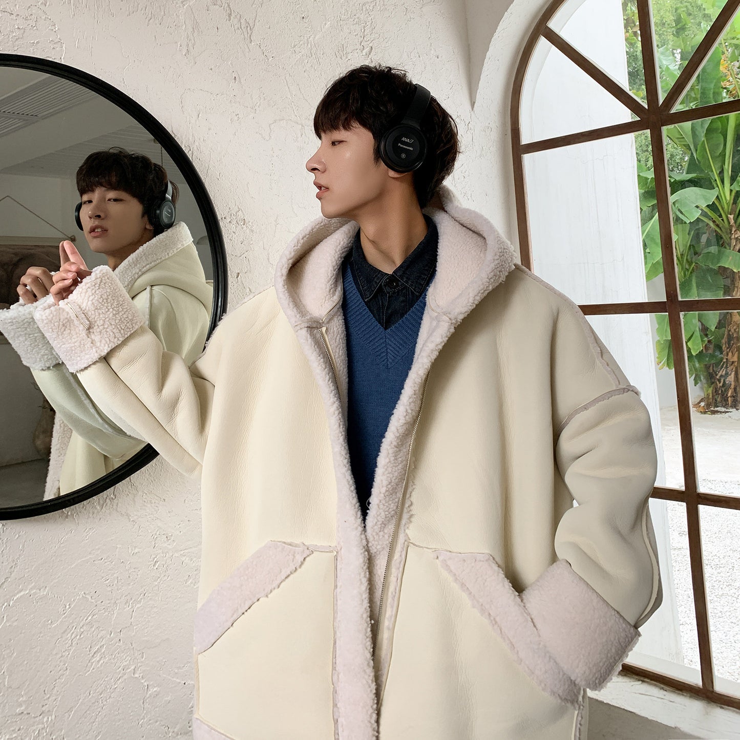 Hooded zipper fashion lambskin coat