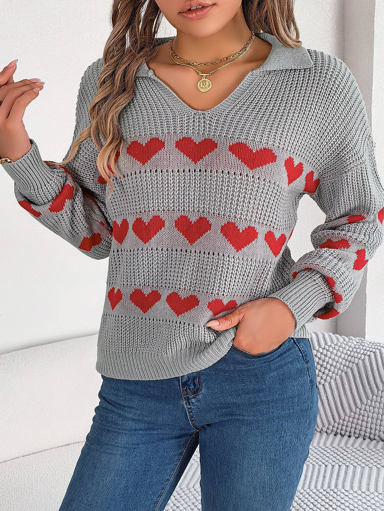 Women Casual V-Neck Lantern Sleeve Color Block Heart Pullover Sweater