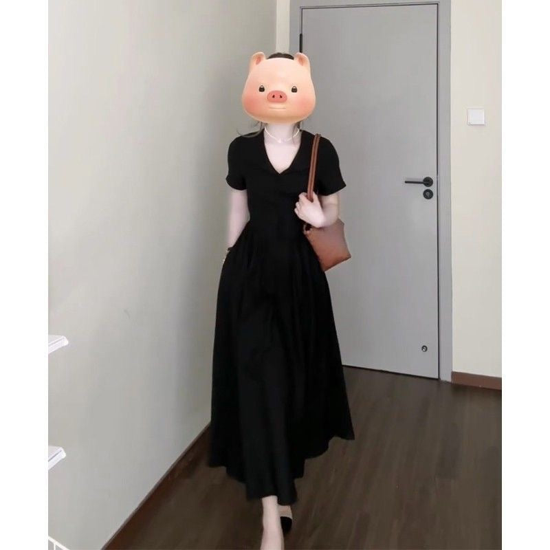 Womens Fashion Lapel Collar Retro Defined Waist Short-Sleeve Dress