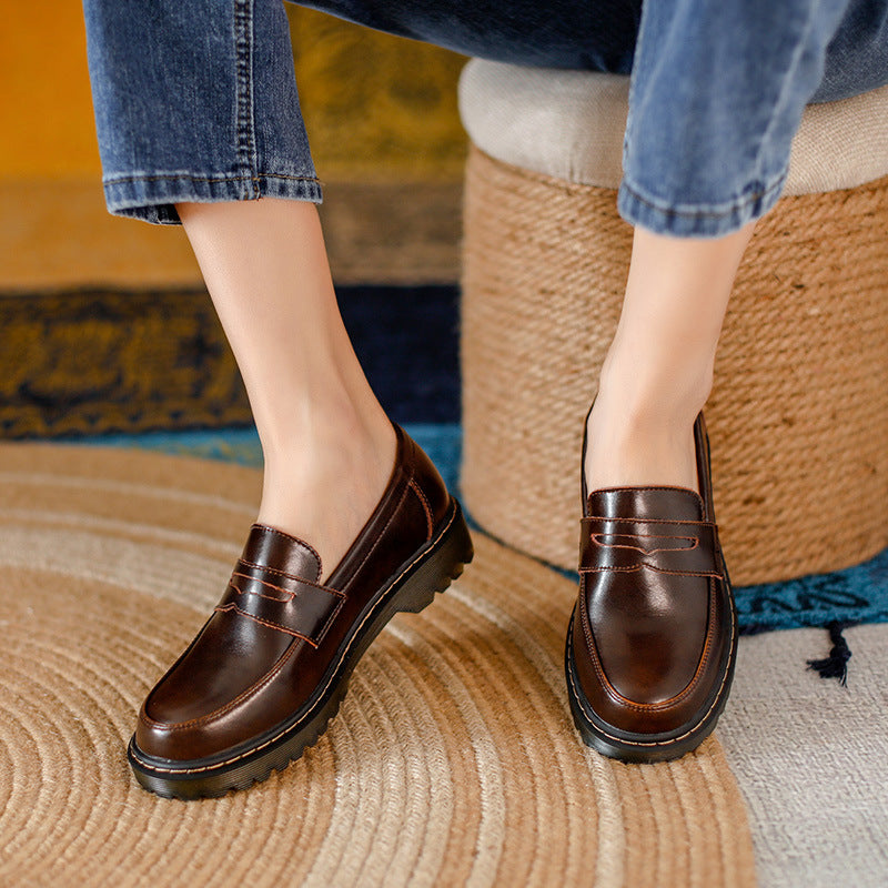 Round Head Thick Low Heel Leather Shoes Women