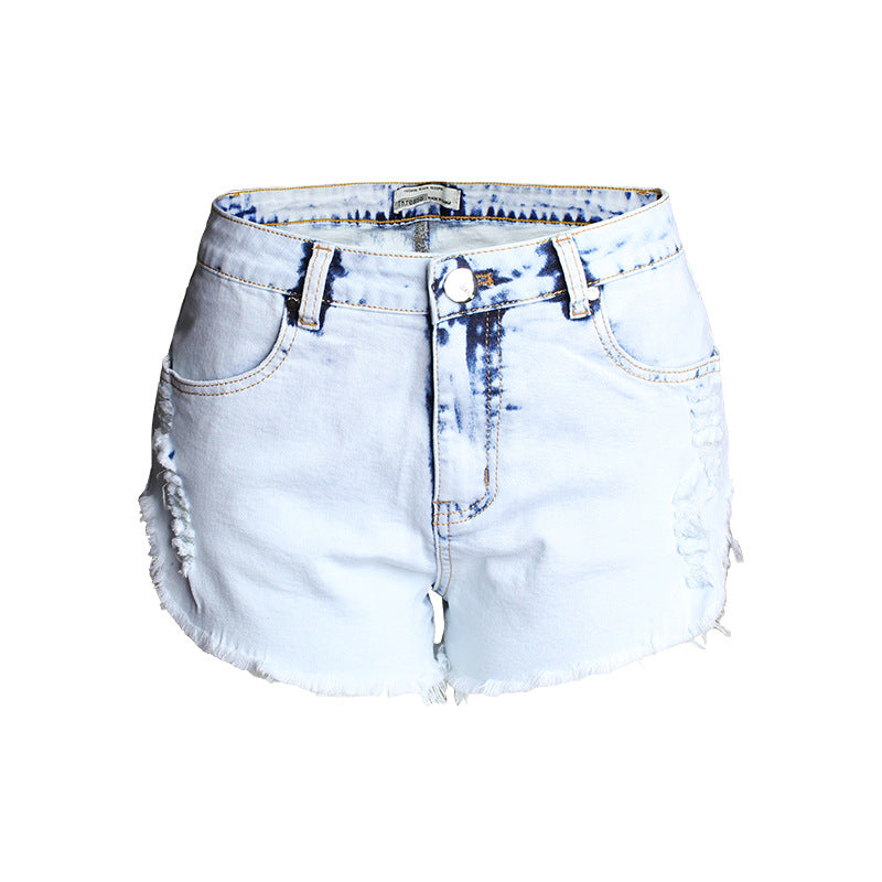 Ripped jeans til kvinder, høj talje, lyse farver, hvidt slidt vasket ulddenimshorts