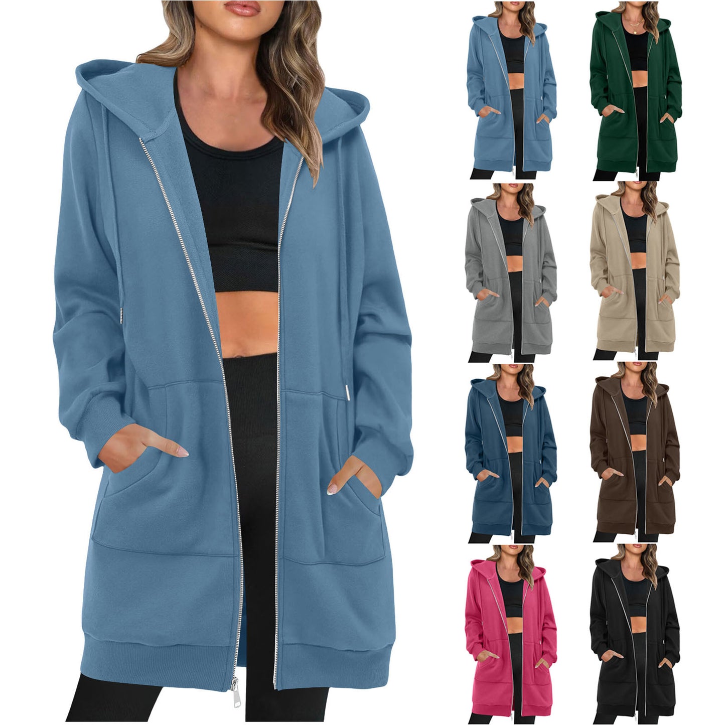 Womens Mid-length Hoodie Sweatshirt With Long Sleeves Long Outerwear