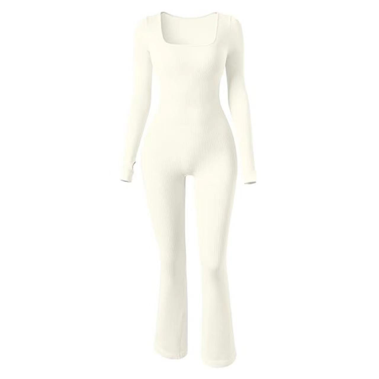 Women Yoga Jumpsuit Rib Sports Long-sleeved Top Bell-bottom Pants
