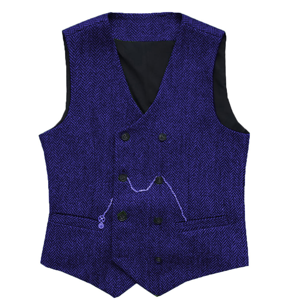 Men's Suit Vest Herringbone Pattern Faux Wool Vest Double Breasted V-neck
