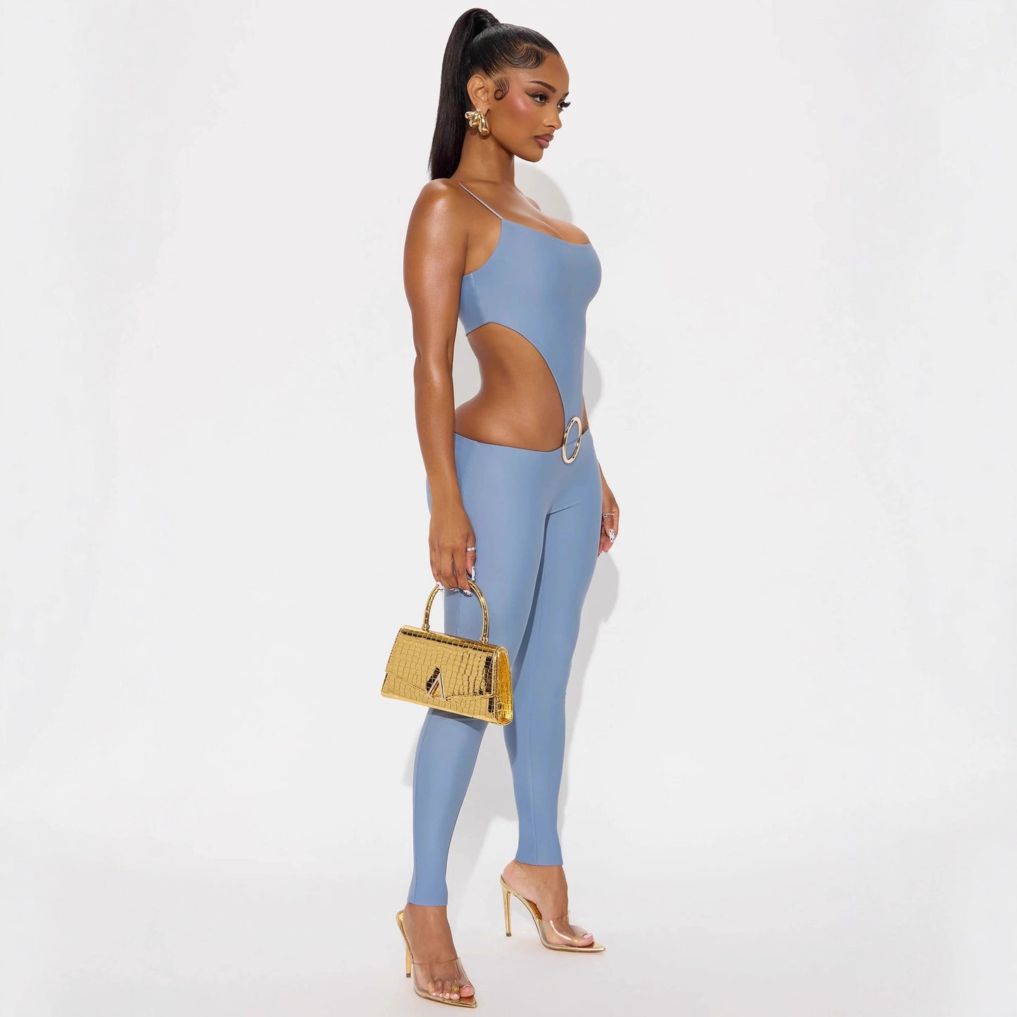 Women's Fashionable And Sexy Hollow-out Strap Top With Mid-waist Tight-fitting Jumpsuit