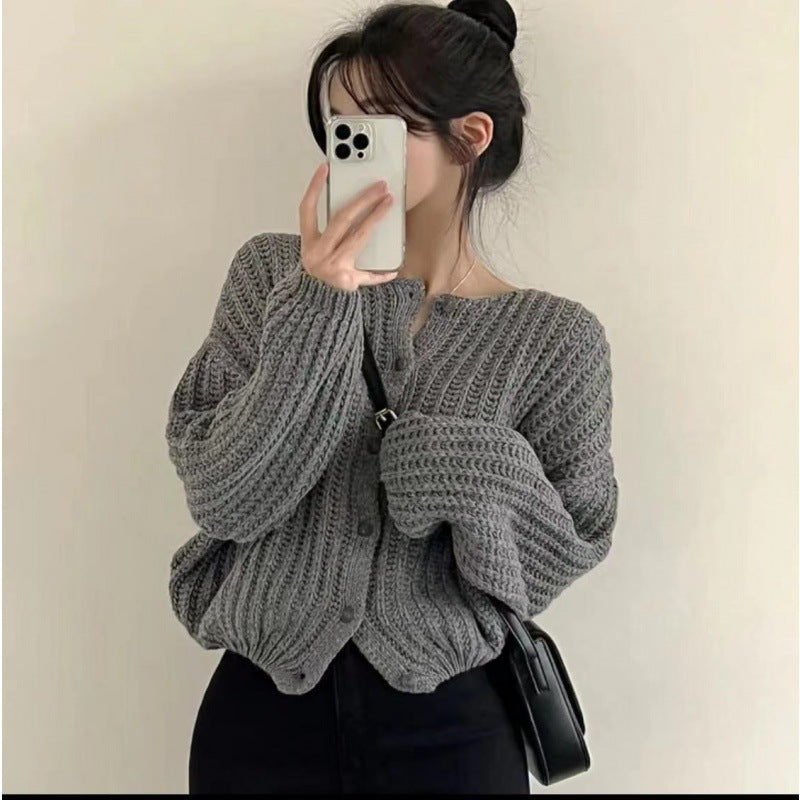Lazy Solid Color Top Women's Sweater Coat Loose Round Neck Single Breasted