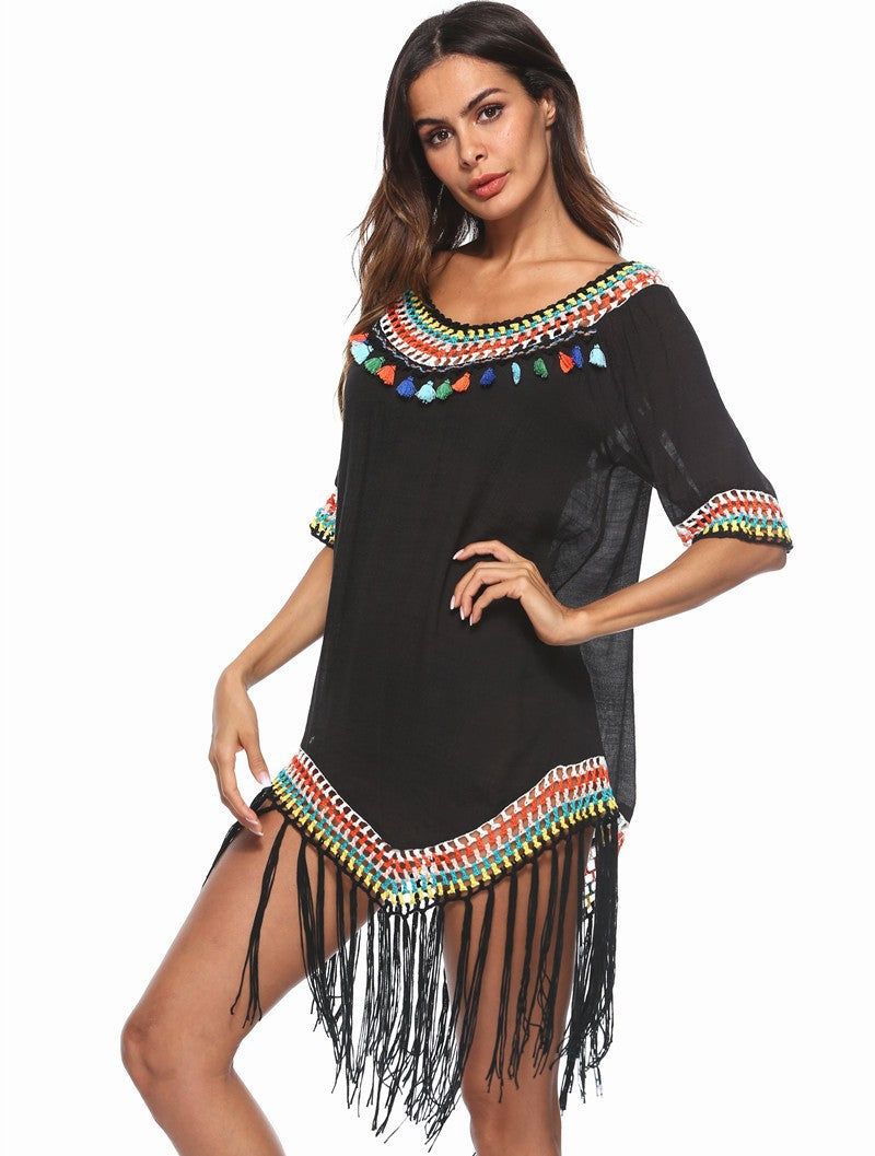 Hollow-out Rainbow Tassel V-Neck Hand Hook Beach Blouse