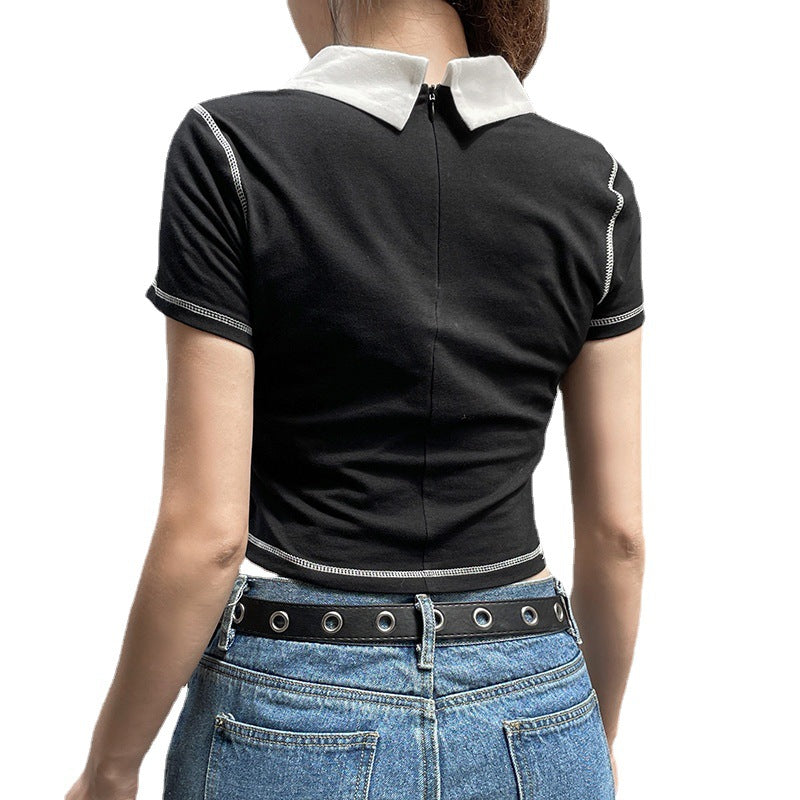 Casual Topstitching Contrasting Lapel All-match Short-sleeved T-shirt