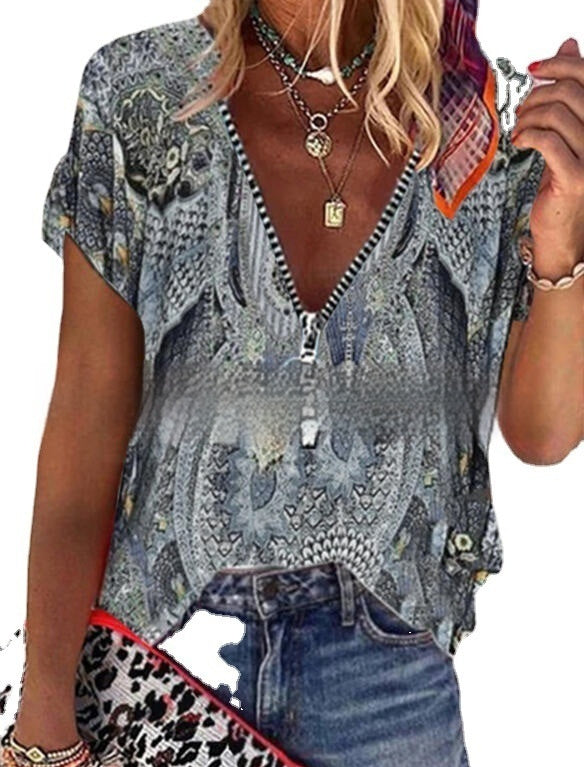 Printed V-neck Short Sleeved Casual Shirt Top