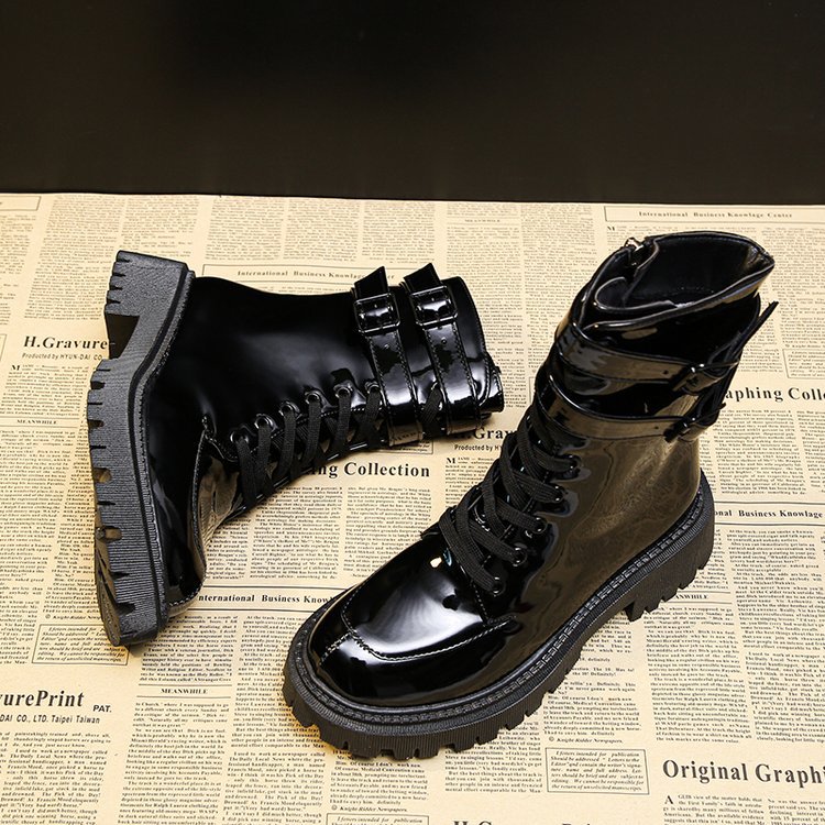 Women's Patent Leather Mid-tube Boots With Increased Heels