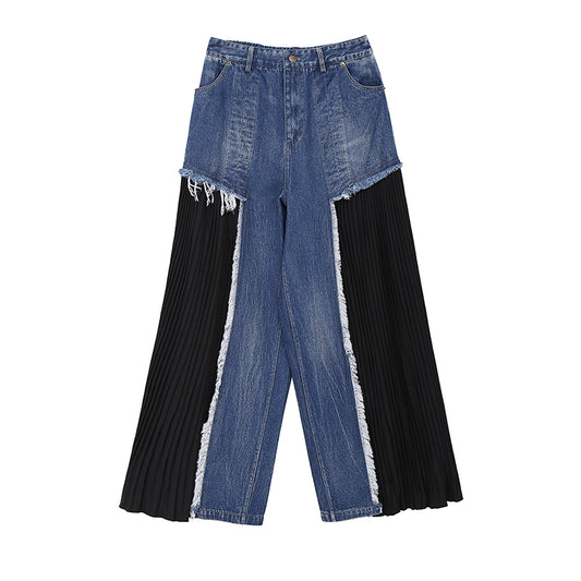 Jeans stitching chiffon wide-leg pants