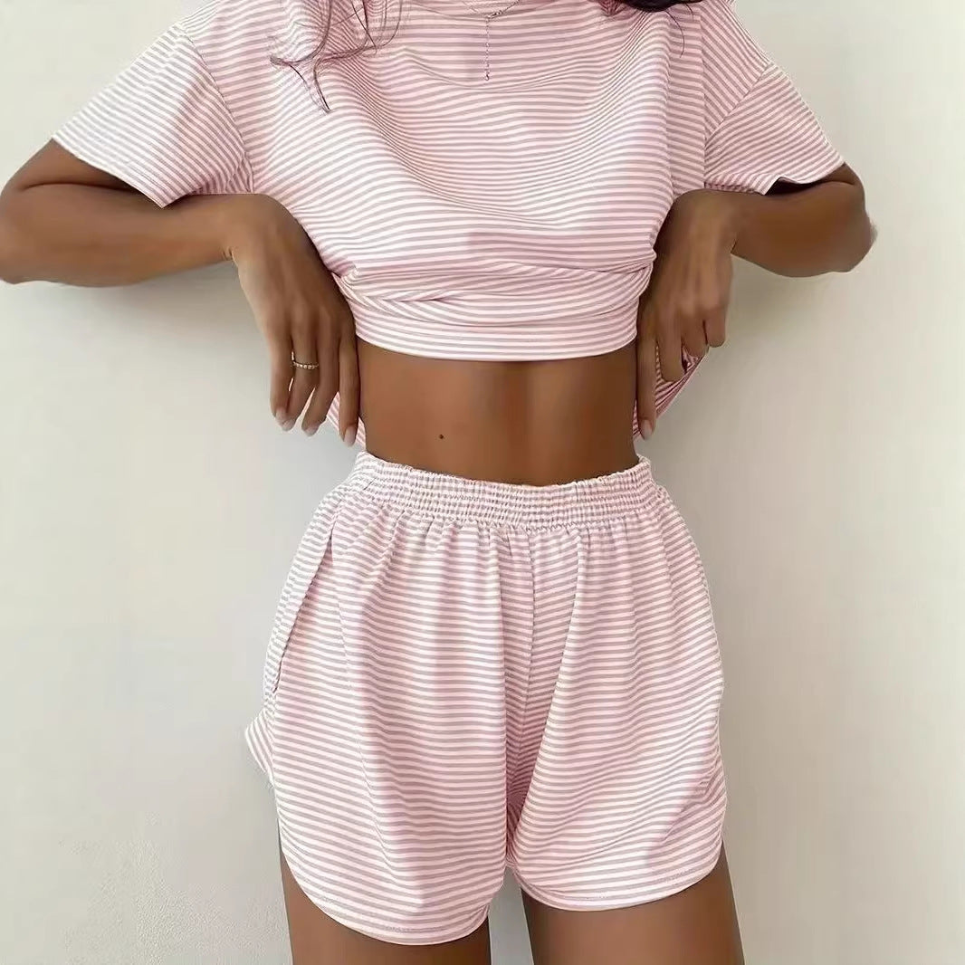 Women's Casual Crew-Neck Short-Sleeve Top And Shorts Set