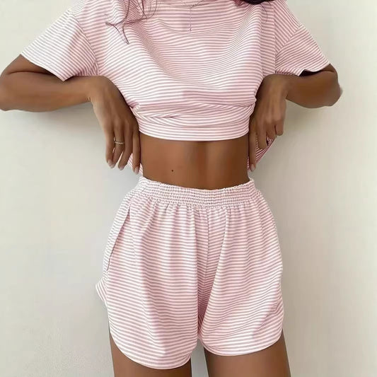 Women's Casual Crew-Neck Short-Sleeve Top And Shorts Set