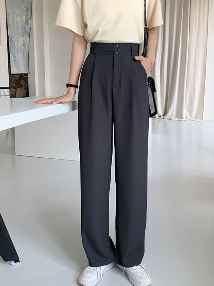 Summer Gray Small Suit Pants Women's Ice Silk High Waist Straight Narrow Wide-leg Pants