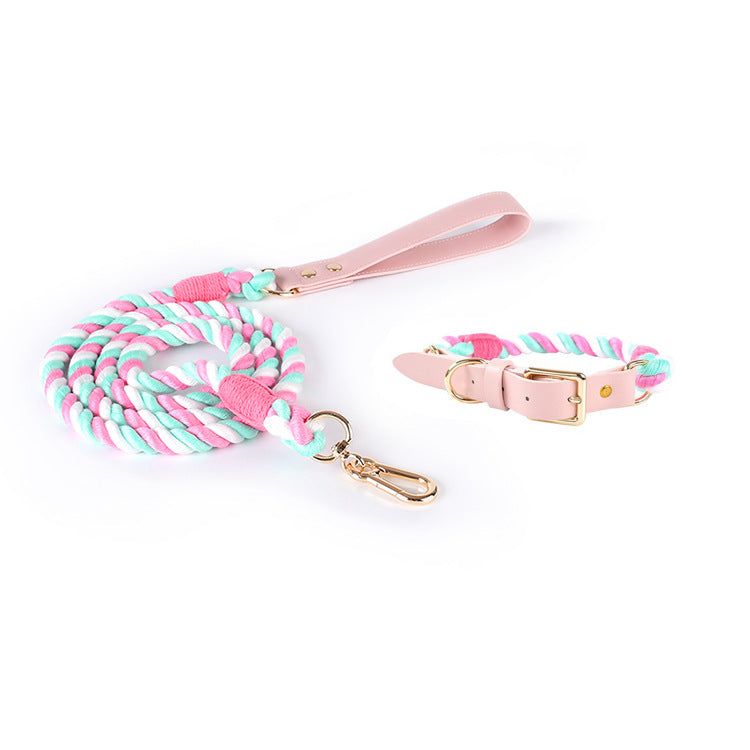 Woven Cotton Rope Leather Pet Dog Collar Suit