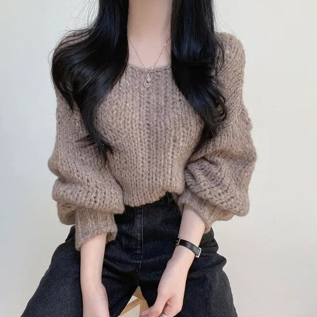 Simple Pullover Drop-shoulder Sleeve Loose Thick Knit Knitwear