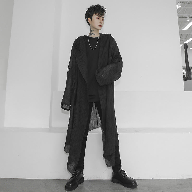 Long Hooded Crumpled Linen Shirt For Men And Women