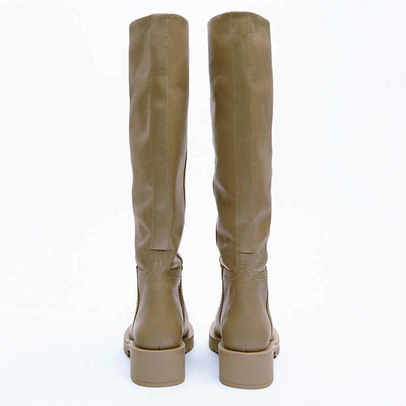 Leather Flat Round Toe Sand Brown Below The Knee High Leg Boots