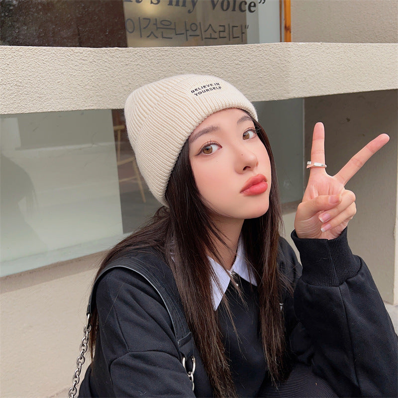 Letter Embroidered Wool Warm Ear Protection Knitted Pullover