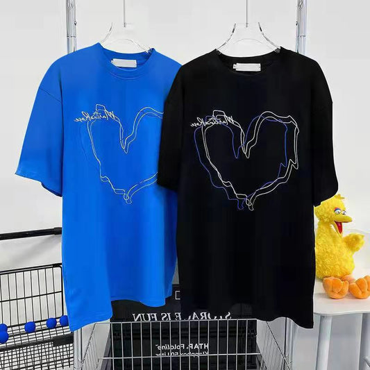 Simple Retro Gradient-line Heart-print Short-sleeve Top