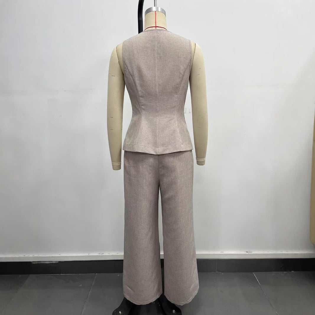 Elegant Breathable V-neck Sleeveless Split-front Wide-leg Pants Set