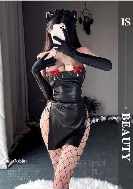 Bell Bowknot Decoration Chest Jumpsuit Leather Skirt Underwear Sexy Suit